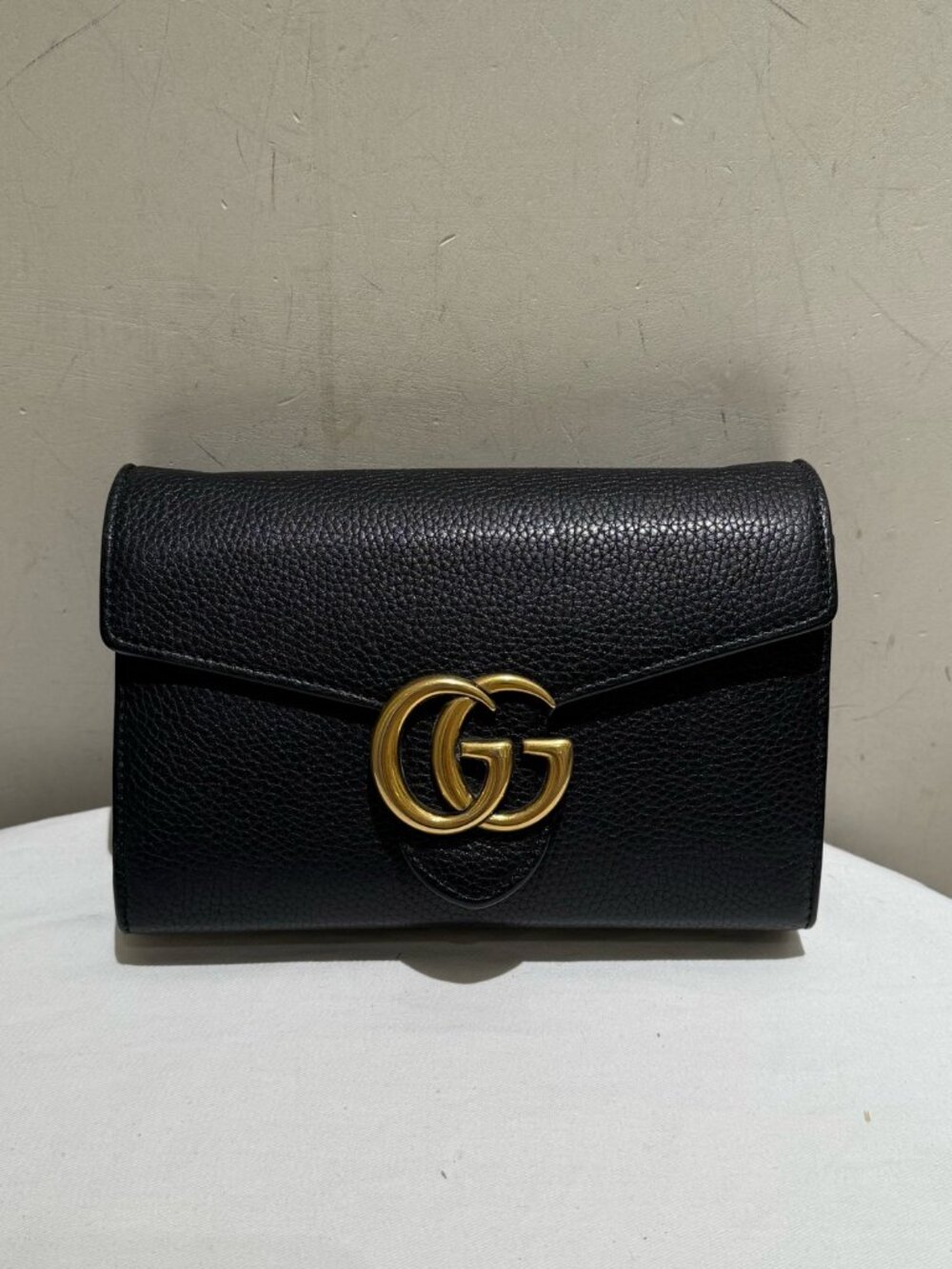 Gucci GG Marmont Black Grain Leather Wallet On Chain Crossbody Bag